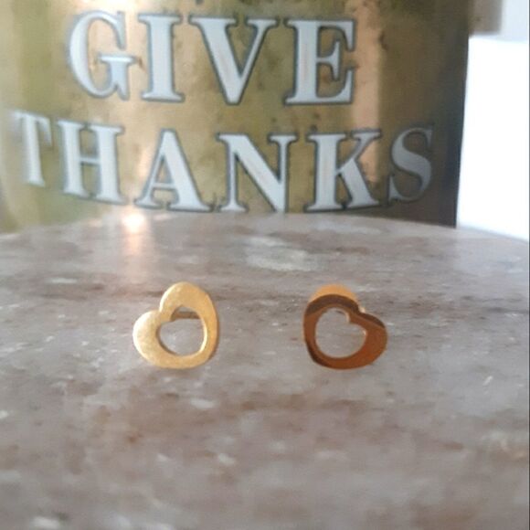 Gold Small Dainty Heart Hollow Cut Out Stud Stainless Steel Earrings - Picture 7 of 7